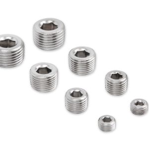Mr. Gasket Pipe Plug Fitting, Two 1/8 Inch NPT/ Two 1/4 Inch NPT/ Two 3/8 Inch NPT/ Two 1/2 Inch NPT, Chrome Plated, Blue, Set of 8 – 6352G