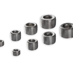 Mr. Gasket Pipe Plug Fitting, Two 1/8 Inch NPT/ Two 1/4 Inch NPT/ Two 3/8 Inch NPT/ Two 1/2 Inch NPT, Chrome Plated, Blue, Set of 8 – 6352G