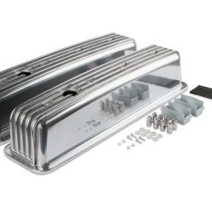 Mr. Gasket Valve Cover, For Use with Chevy Small Block, Center Bolt, Without Breather Holes, With Baffle, Polished, Cast Aluminum, Set of 2 – 6856G