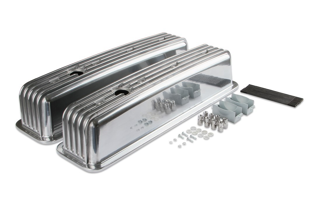 Mr. Gasket Valve Cover, For Use with Chevy Small Block, Center Bolt, Without Breather Holes, With Baffle, Polished, Cast Aluminum, Set of 2 – 6856G