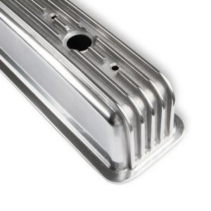 Mr. Gasket Valve Cover, For Use with Chevy Small Block, Center Bolt, Without Breather Holes, With Baffle, Polished, Cast Aluminum, Set of 2 – 6856G