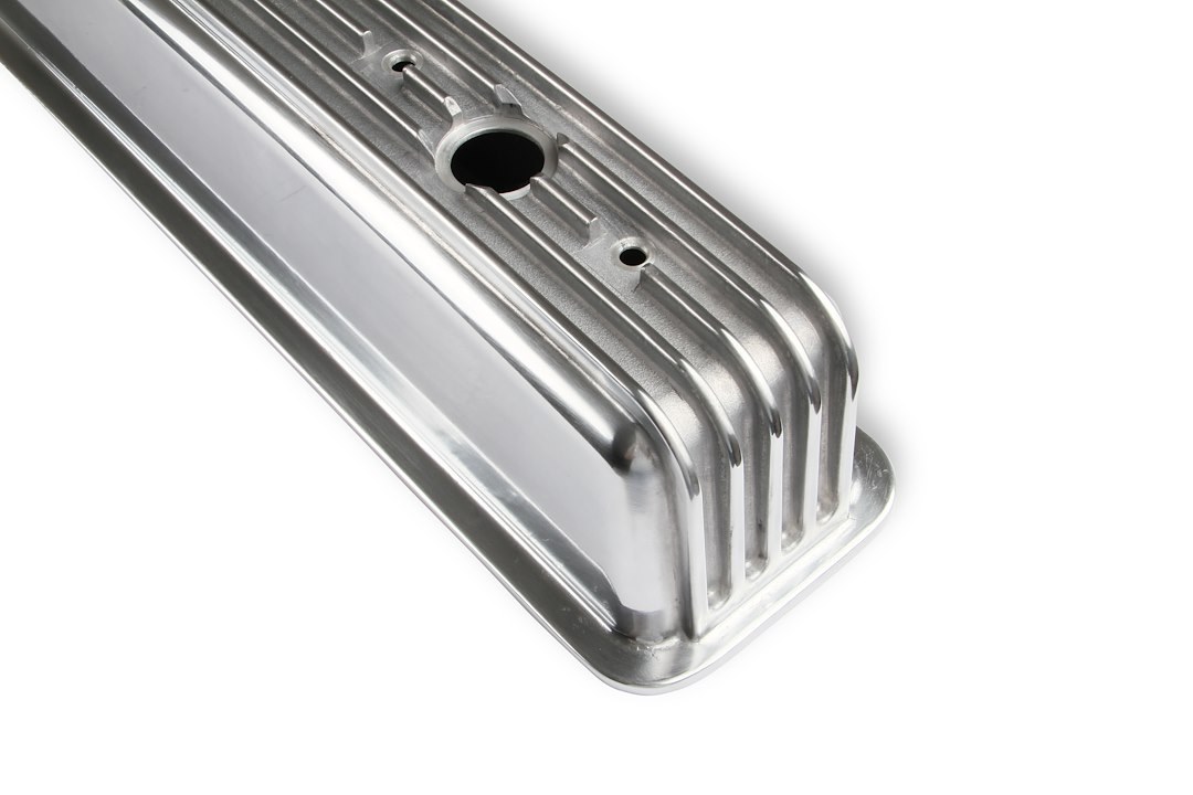 Mr. Gasket Valve Cover, For Use with Chevy Small Block, Center Bolt, Without Breather Holes, With Baffle, Polished, Cast Aluminum, Set of 2 – 6856G
