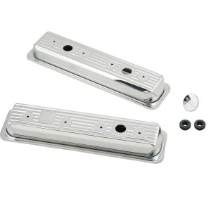 Mr. Gasket Valve Cover, For Use with Chevy Small Block, Stock Height, Without Bolts, Without Breather, With Baffle, Finned, Chrome, Silver – 9415
