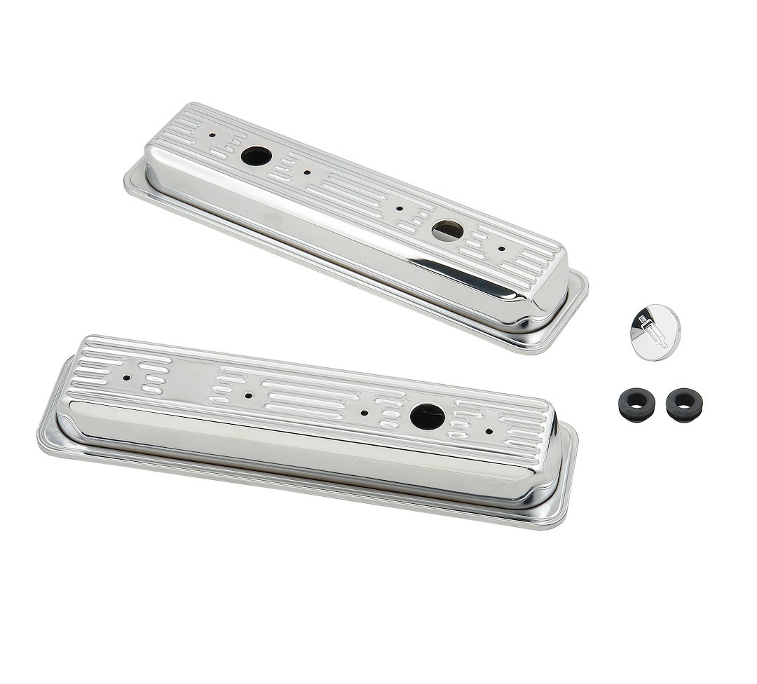 Mr. Gasket Valve Cover, For Use with Chevy Small Block, Stock Height, Without Bolts, Without Breather, With Baffle, Finned, Chrome, Silver – 9415