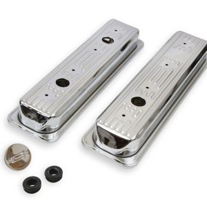 Mr. Gasket Valve Cover, For Use with Chevy Small Block, Stock Height, Without Bolts, Without Breather, With Baffle, Finned, Chrome, Silver – 9415