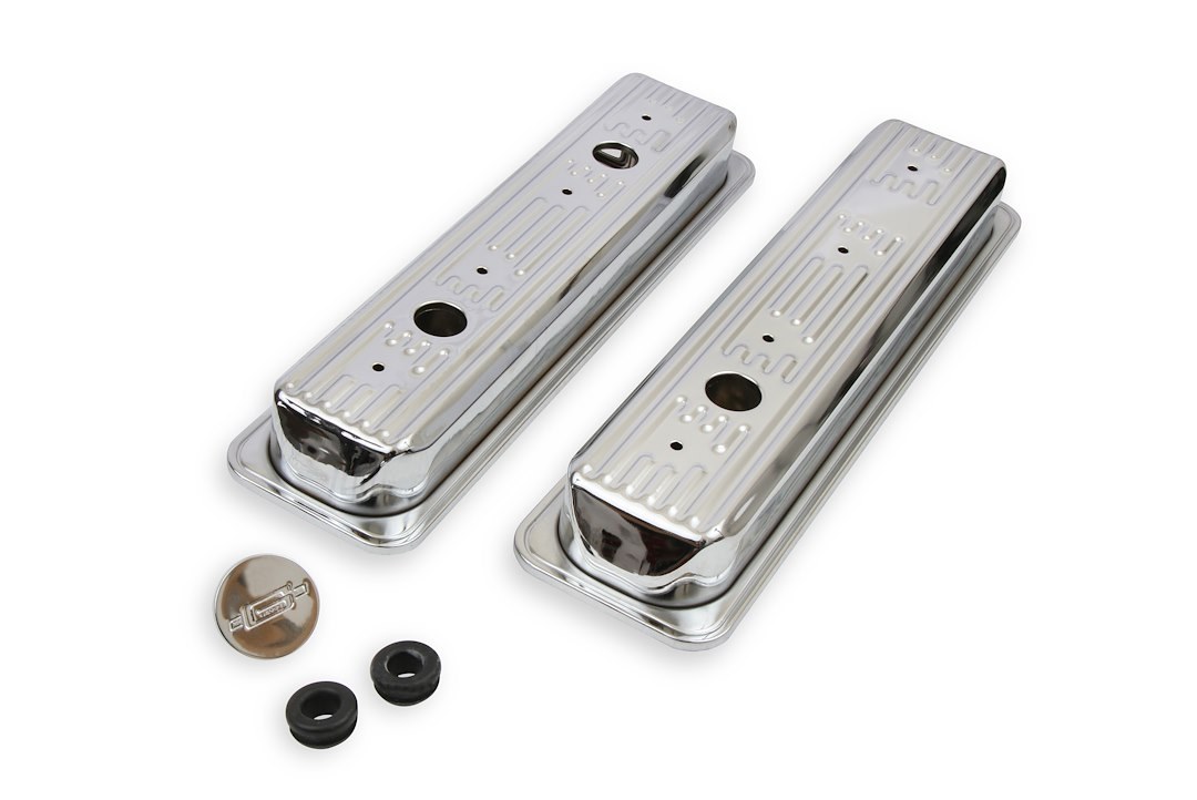 Mr. Gasket Valve Cover, For Use with Chevy Small Block, Stock Height, Without Bolts, Without Breather, With Baffle, Finned, Chrome, Silver – 9415