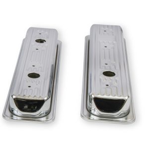 Mr. Gasket Valve Cover, For Use with Chevy Small Block, Stock Height, Without Bolts, Without Breather, With Baffle, Finned, Chrome, Silver – 9415