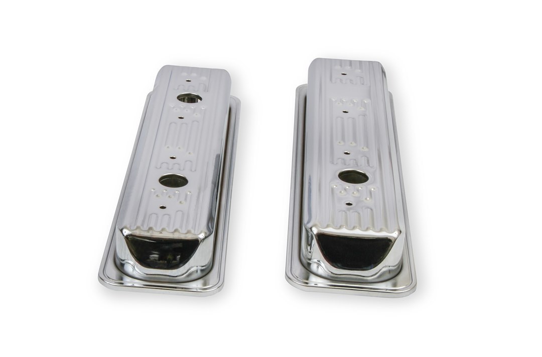 Mr. Gasket Valve Cover, For Use with Chevy Small Block, Stock Height, Without Bolts, Without Breather, With Baffle, Finned, Chrome, Silver – 9415