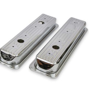 Mr. Gasket Valve Cover, For Use with Chevy Small Block, Stock Height, Without Bolts, Without Breather, With Baffle, Finned, Chrome, Silver – 9415
