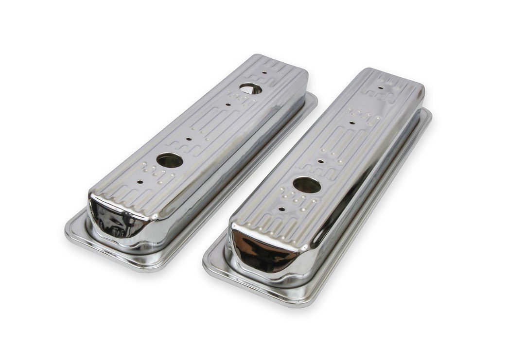 Mr. Gasket Valve Cover, For Use with Chevy Small Block, Stock Height, Without Bolts, Without Breather, With Baffle, Finned, Chrome, Silver – 9415