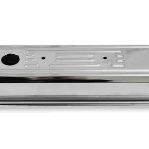 Mr. Gasket Valve Cover, For Use with Chevy Small Block, Stock Height, Without Bolts, Without Breather, With Baffle, Finned, Chrome, Silver – 9415