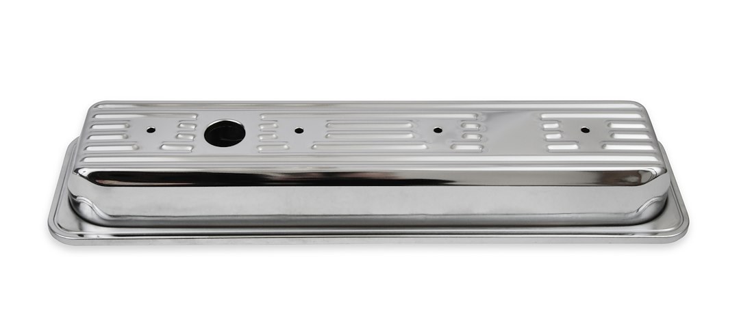 Mr. Gasket Valve Cover, For Use with Chevy Small Block, Stock Height, Without Bolts, Without Breather, With Baffle, Finned, Chrome, Silver – 9415