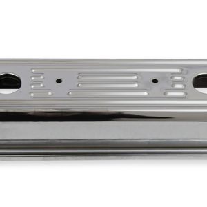 Mr. Gasket Valve Cover, For Use with Chevy Small Block, Stock Height, Without Bolts, Without Breather, With Baffle, Finned, Chrome, Silver – 9415