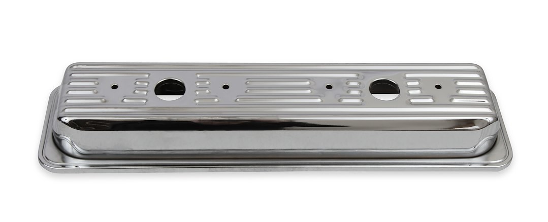Mr. Gasket Valve Cover, For Use with Chevy Small Block, Stock Height, Without Bolts, Without Breather, With Baffle, Finned, Chrome, Silver – 9415