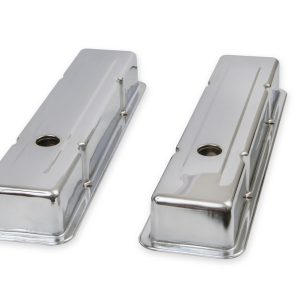 Mr. Gasket Valve Cover, For Use with Chevy Small Block, Stock Height, Without Bolts, Without Breather, With Baffle, Chrome, Silver, Steel – 9800