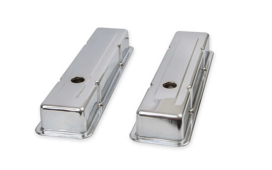 Mr. Gasket Valve Cover, For Use with Chevy Small Block, Stock Height, Without Bolts, Without Breather, With Baffle, Chrome, Silver, Steel – 9800