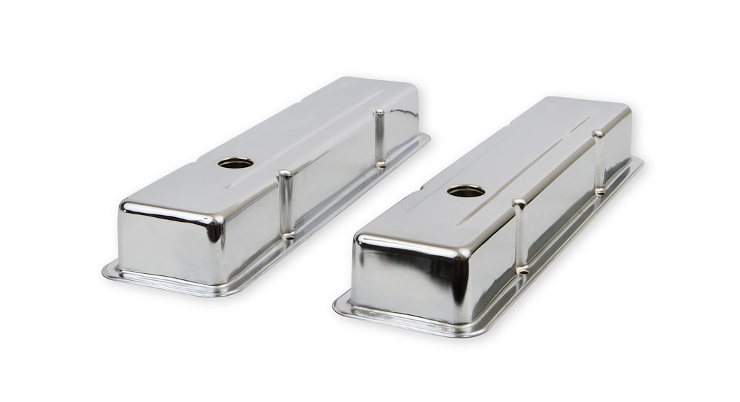 Mr. Gasket Valve Cover, For Use with Chevy Small Block, Stock Height, Without Bolts, Without Breather, With Baffle, Chrome, Silver, Steel – 9800