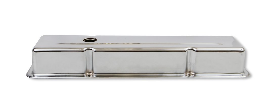 Mr. Gasket Valve Cover, For Use with Chevy Small Block, Stock Height, Without Bolts, Without Breather, With Baffle, Chrome, Silver, Steel – 9800