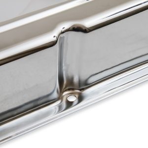Mr. Gasket Valve Cover, For Use with Chevy Small Block, Stock Height, Without Bolts, Without Breather, With Baffle, Chrome, Silver, Steel – 9800