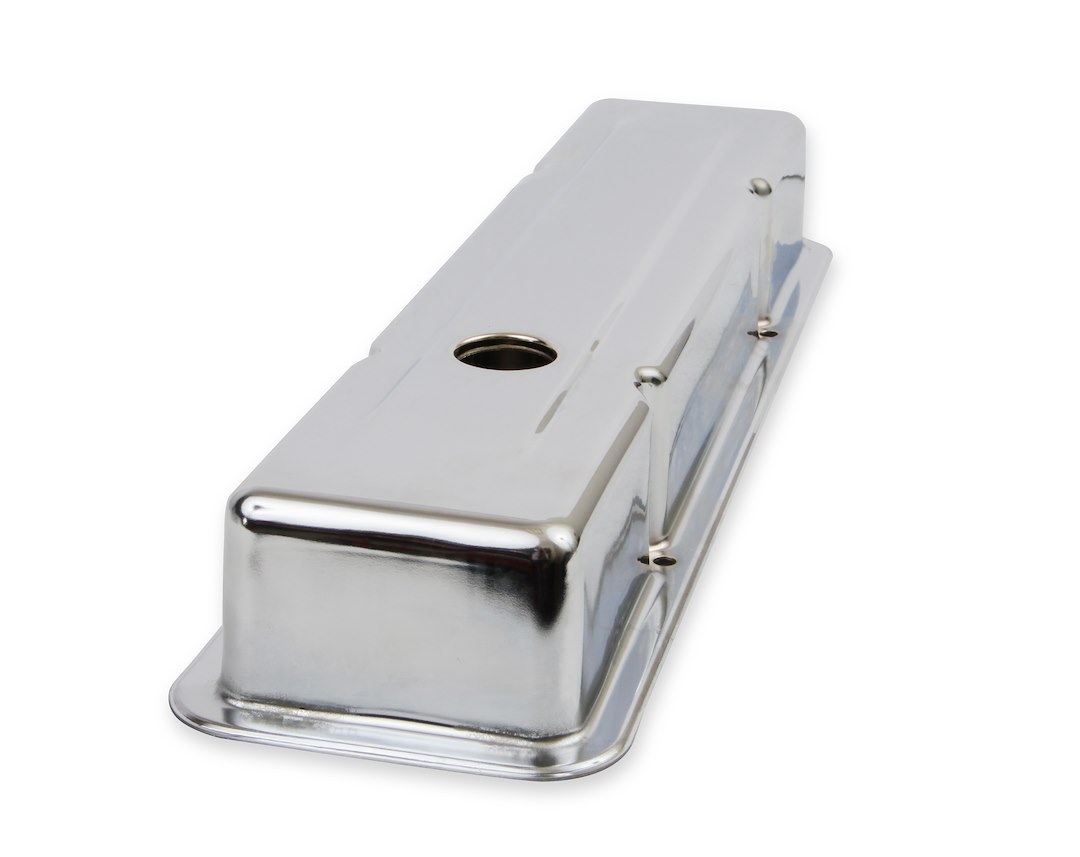 Mr. Gasket Valve Cover, For Use with Chevy Small Block, Stock Height, Without Bolts, Without Breather, With Baffle, Chrome, Silver, Steel – 9800