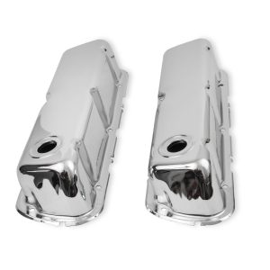 Mr. Gasket Valve Cover, For Use with Ford Small Block, Stock Height, Without Bolts, Without Breather, With Baffle, Chrome, Silver, Steel – 9804