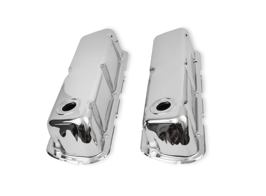 Mr. Gasket Valve Cover, For Use with Ford Small Block, Stock Height, Without Bolts, Without Breather, With Baffle, Chrome, Silver, Steel – 9804