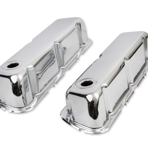 Mr. Gasket Valve Cover, For Use with Ford Small Block, Stock Height, Without Bolts, Without Breather, With Baffle, Chrome, Silver, Steel – 9804