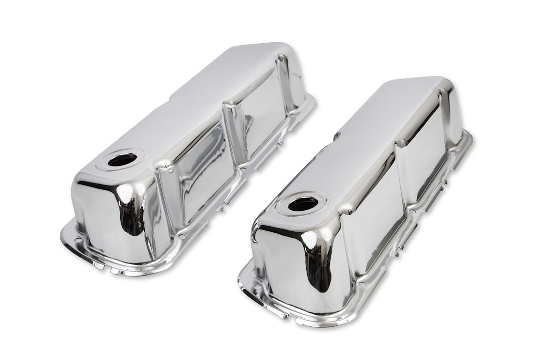 Mr. Gasket Valve Cover, For Use with Ford Small Block, Stock Height, Without Bolts, Without Breather, With Baffle, Chrome, Silver, Steel – 9804