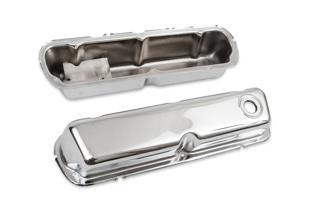 Mr. Gasket Valve Cover, For Use with Ford Small Block, Stock Height, Without Bolts, Without Breather, With Baffle, Chrome, Silver, Steel – 9804