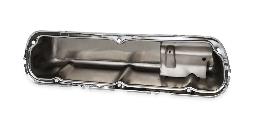 Mr. Gasket Valve Cover, For Use with Ford Small Block, Stock Height, Without Bolts, Without Breather, With Baffle, Chrome, Silver, Steel – 9804