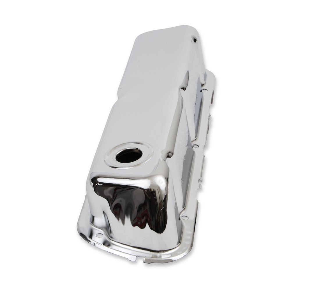 Mr. Gasket Valve Cover, For Use with Ford Small Block, Stock Height, Without Bolts, Without Breather, With Baffle, Chrome, Silver, Steel – 9804