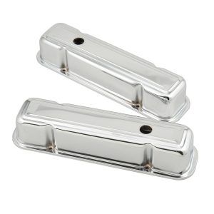 Mr. Gasket Valve Cover, For Use with Pontiac V8, Tall Height, Without Bolts, Without Breather, With Baffle, Chrome, Silver, Steel, Set of 2 – 9805