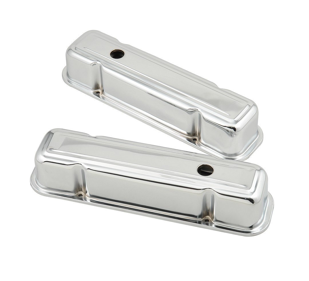Mr. Gasket Valve Cover, For Use with Pontiac V8, Tall Height, Without Bolts, Without Breather, With Baffle, Chrome, Silver, Steel, Set of 2 – 9805