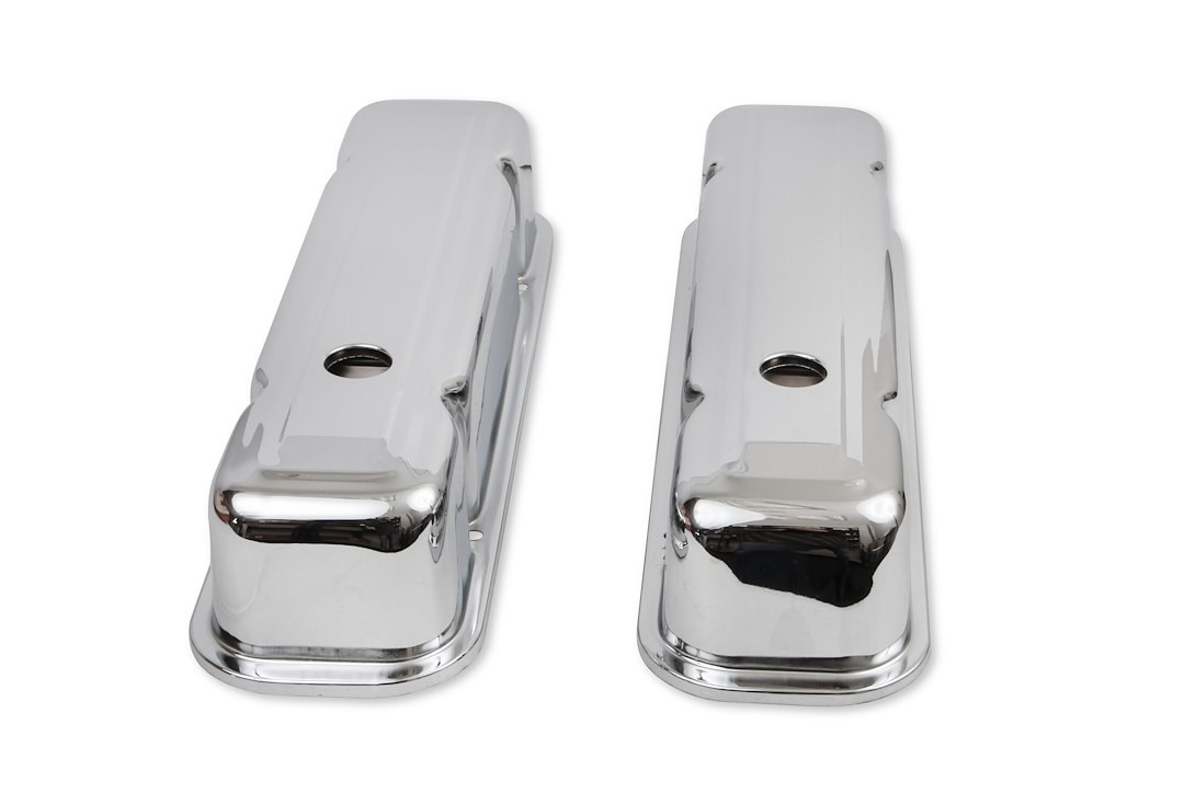 Mr. Gasket Valve Cover, For Use with Pontiac V8, Tall Height, Without Bolts, Without Breather, With Baffle, Chrome, Silver, Steel, Set of 2 – 9805