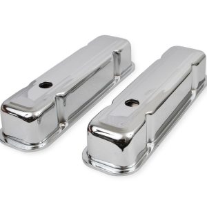 Mr. Gasket Valve Cover, For Use with Pontiac V8, Tall Height, Without Bolts, Without Breather, With Baffle, Chrome, Silver, Steel, Set of 2 – 9805