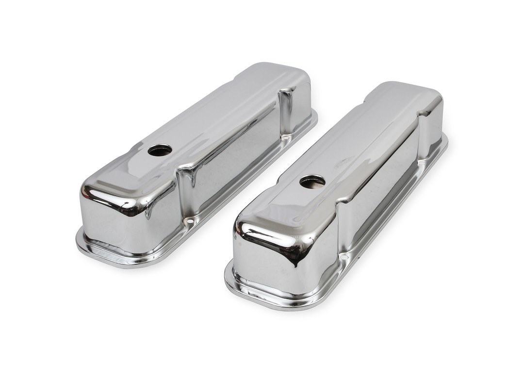 Mr. Gasket Valve Cover, For Use with Pontiac V8, Tall Height, Without Bolts, Without Breather, With Baffle, Chrome, Silver, Steel, Set of 2 – 9805
