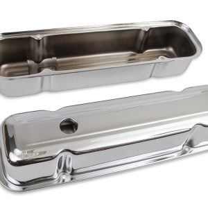 Mr. Gasket Valve Cover, For Use with Pontiac V8, Tall Height, Without Bolts, Without Breather, With Baffle, Chrome, Silver, Steel, Set of 2 – 9805