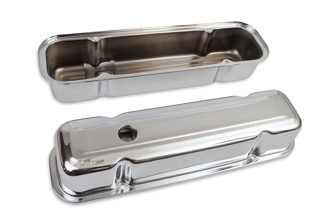Mr. Gasket Valve Cover, For Use with Pontiac V8, Tall Height, Without Bolts, Without Breather, With Baffle, Chrome, Silver, Steel, Set of 2 – 9805