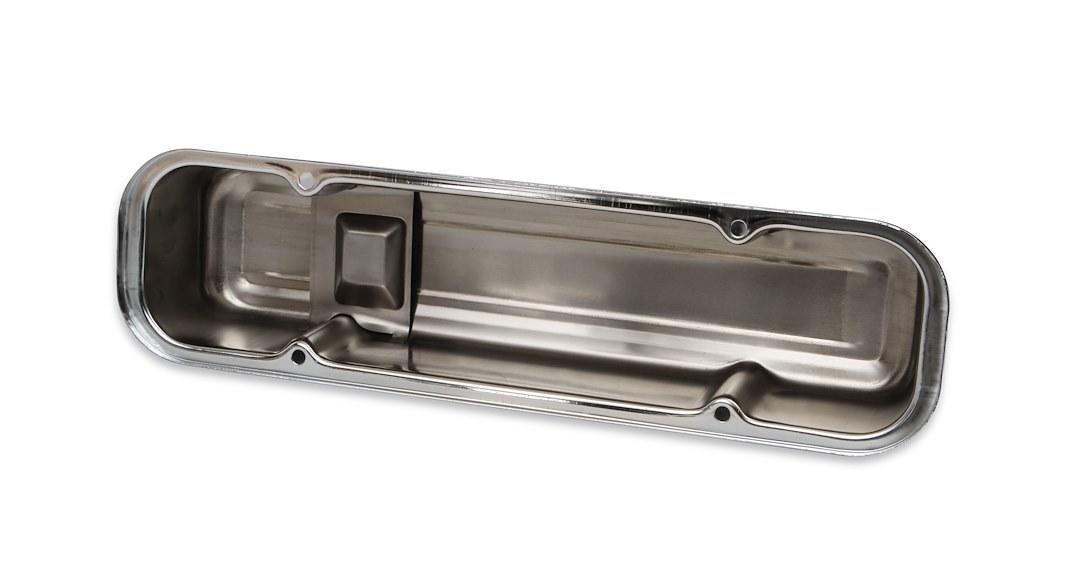 Mr. Gasket Valve Cover, For Use with Pontiac V8, Tall Height, Without Bolts, Without Breather, With Baffle, Chrome, Silver, Steel, Set of 2 – 9805