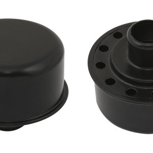 Mr. Gasket Crankcase Breather Cap, Round, 2-1/8 Inch Tall X 2-1/2 Inch Diameter, Push IN, Flat Black, Without Grommet – 9810BP