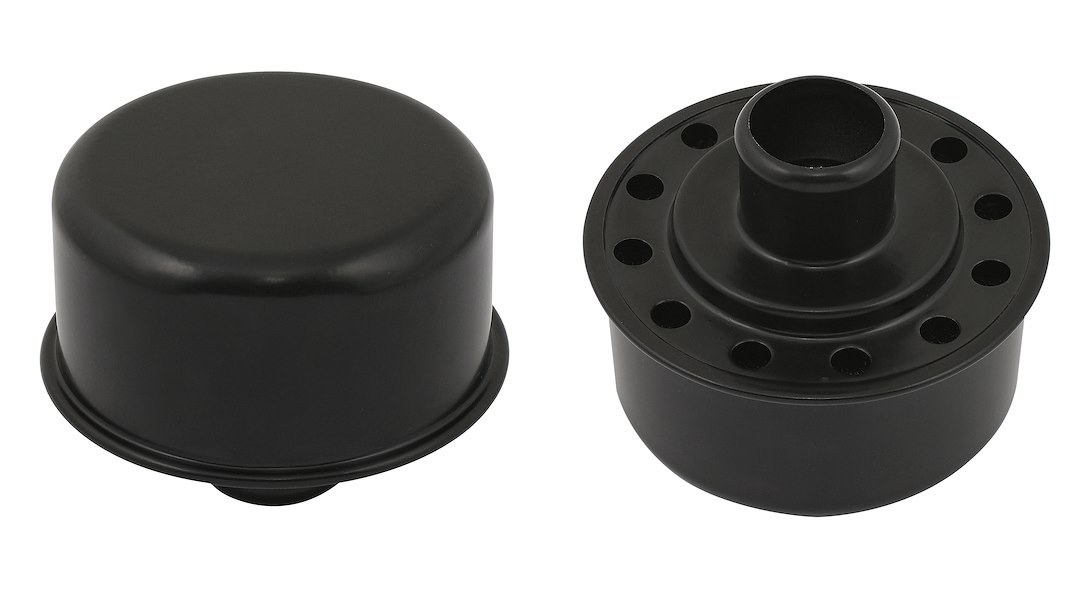 Mr. Gasket Crankcase Breather Cap, Round, 2-1/8 Inch Tall X 2-1/2 Inch Diameter, Push IN, Flat Black, Without Grommet – 9810BP