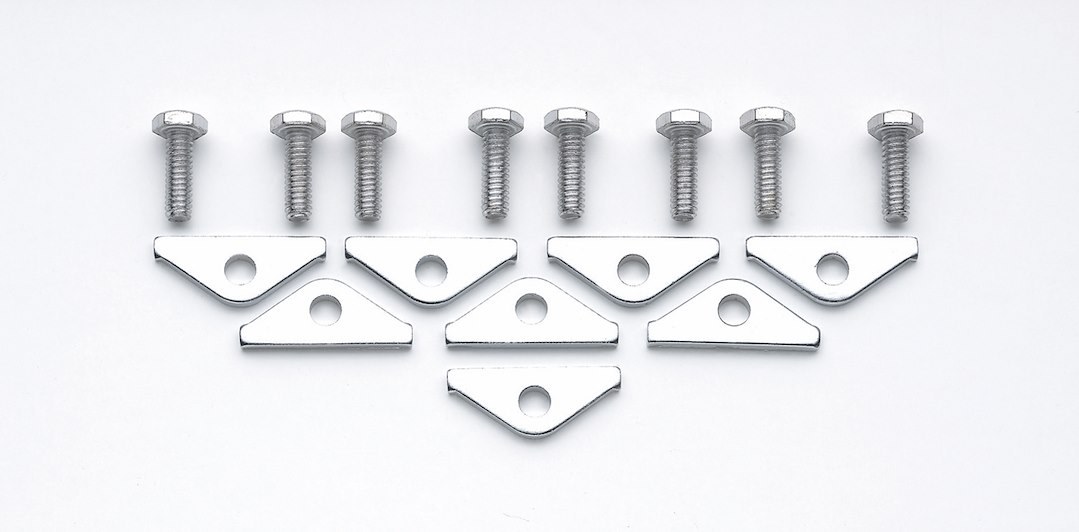 Mr. Gasket Valve Cover Hold Down Tab Set, Short Style, Chrome Plated, Steel, 1/4 Inch Diameter Holes, Set of 8 Tabs with 8 Bolts – 9887