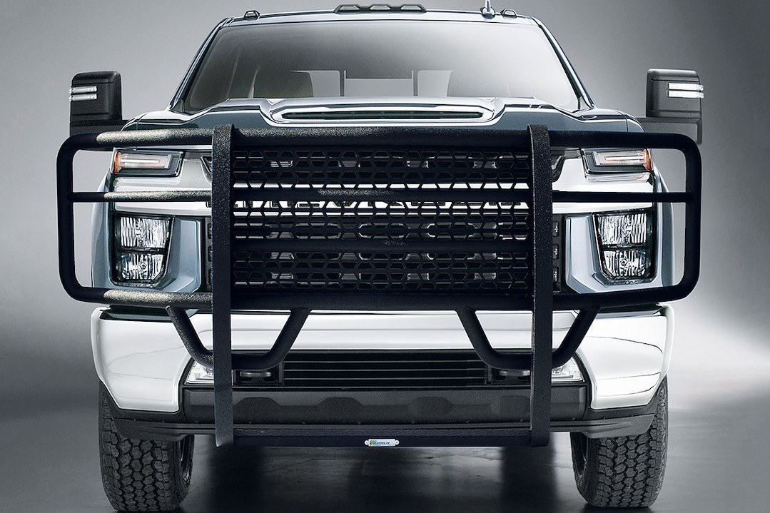 Go Ind Grille Guard, Rancher ™, Ultimate Armor Coated, Black, Steel, 1.9 Inch Diameter, With Brush Guard, Without Skid Plate, With Step Plate – 44757