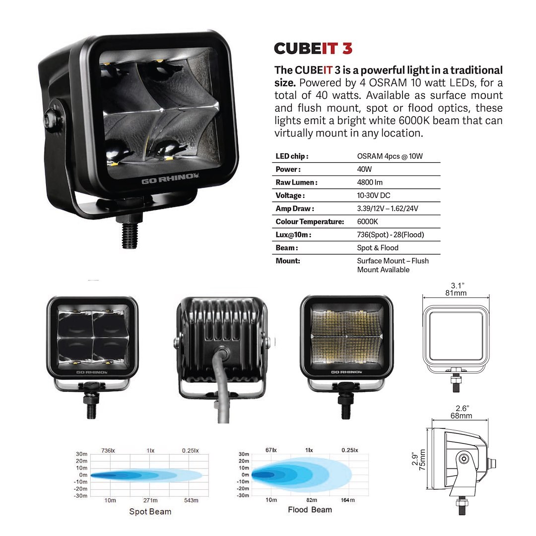 Go Rhino Driving/ Fog Light, Blackout Series, LED Bulb, 4 Osram 10 Watts, 3 Inch X 3 Inch Square – 750400321FCS