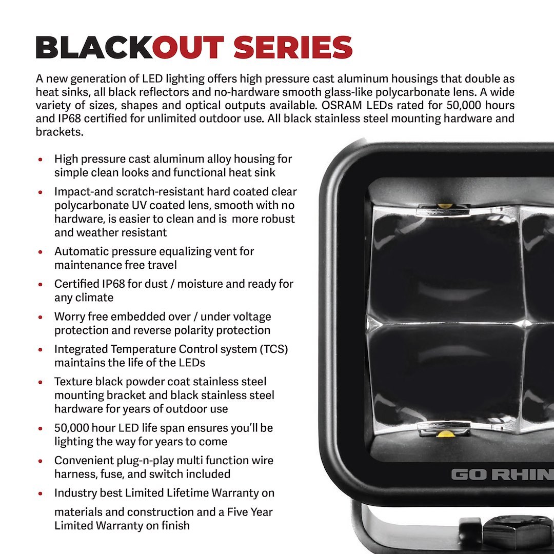 Go Rhino Driving/ Fog Light, Blackout Series, LED Bulb, 4 Osram 10 Watts, 3 Inch X 3 Inch Square – 750400321FCS