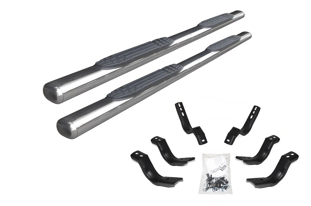 Go Rhino Nerf Bar, 1000 Series, With Step Pads, 4 Inch Oval Straight, Pollished, Stainless Steel, With Welded-Look Replaceable End Caps – 104036880PS