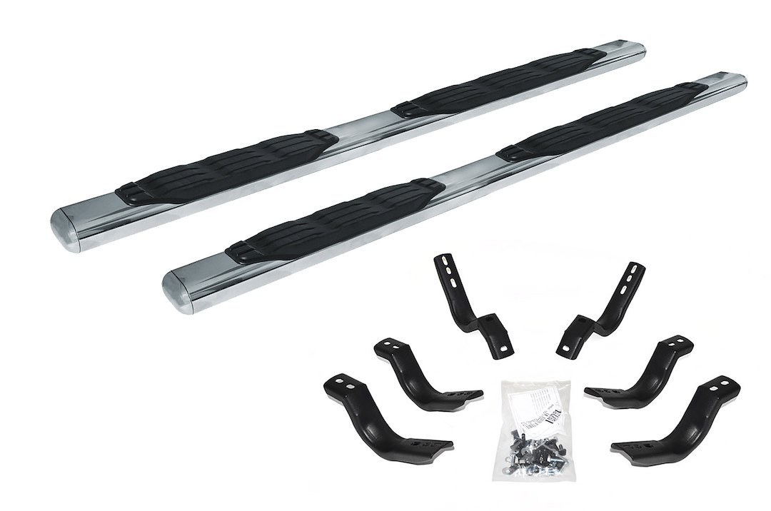 Go Rhino Nerf Bar, 1000 Series, With Step Pads, 5 Inch Oval Straight, Polished, Stainless Steel, With Welded-Look Replaceable End Caps – 105415580PS