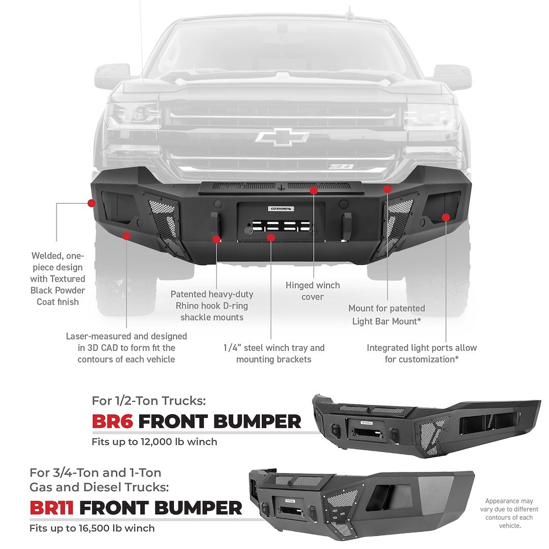 Go Rhino Bumper, BR6, Modular Design, With Mounting Hardware, Without Grille Guard, With Internal Winch Mount, With D-Ring Shackle Mounts – 24182T