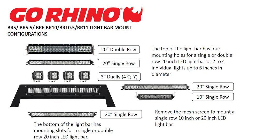 Go Rhino Driving/ Fog Light Mounting Bar, Front BR5.5/ BR6 Bumper Mount, Mount 20 Inch Single Light Bar IN the Removable Vent Screen Area – 26573T