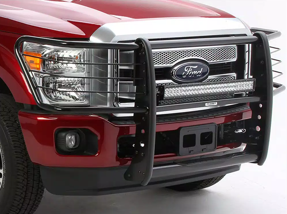 Go Rhino Grille Guard, 3000 Series, 9-Piece Modular, Powder Coated, Black, Mild Steel, With Brush Guard, Without Skid Plate, With Step Plate – 3155MB